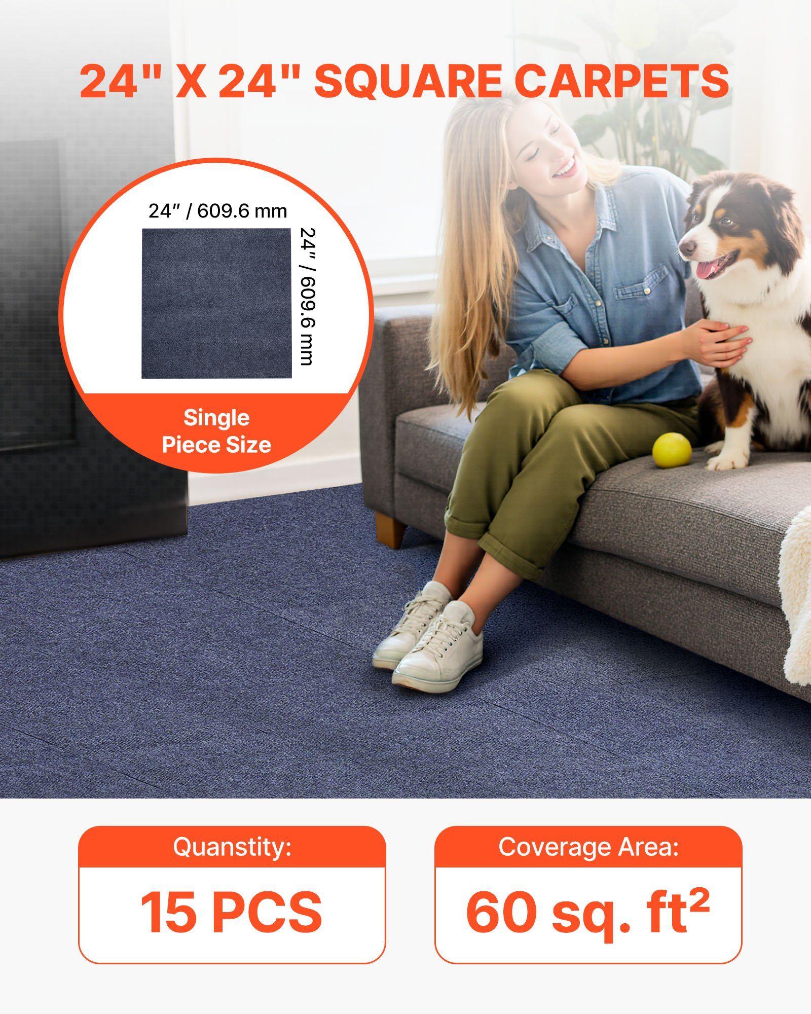 Carpet Tiles 610x610 mm, 15 Pack Peel and Stick Carpet Square Rug, Self Adhesive Commercial Floor Soft Padded for Seamless Cover 5.6㎡, Easy DIY Replacement for Living Room Office, Gray - Image 2