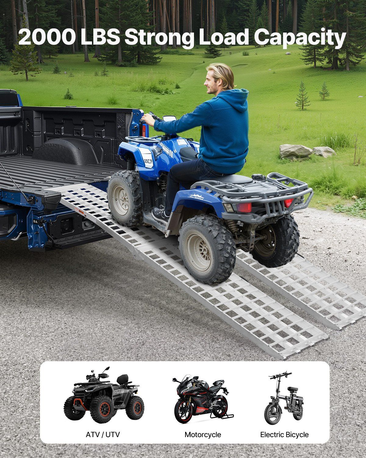 Aluminum Ramps, 2000 lbs, 2Pcs Heavy-duty Ramps with Wider Ramp Surface, Universal Stable Loading Ramp with Handles, Fit for ATV, UTV, Motorcycle, Electric Bicycle, etc. - Image 2