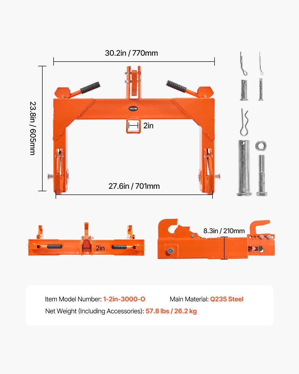 3-Point Quick Hitch with 2 in Receiver, 3000 Lbs Lift Capacity, 3-Pt Hitch with 5 Level Adjustable Bolt, Adaptation to Category 1 & 2 Tractor, Heavy Duty 3 Point Attachments, Orange - Image 7