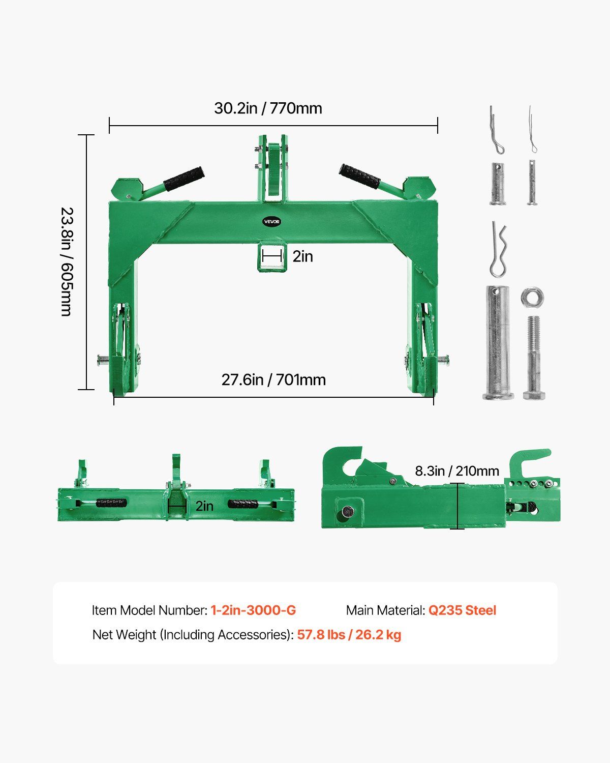 3-Point Quick Hitch with 2 in Receiver, 3000 Lbs Lift Capacity, 3-Pt Hitch with 5 Level Adjustable Bolt, Adaptation to Category 1 & 2 Tractor, Heavy Duty 3 Point Attachments, Green - Image 7