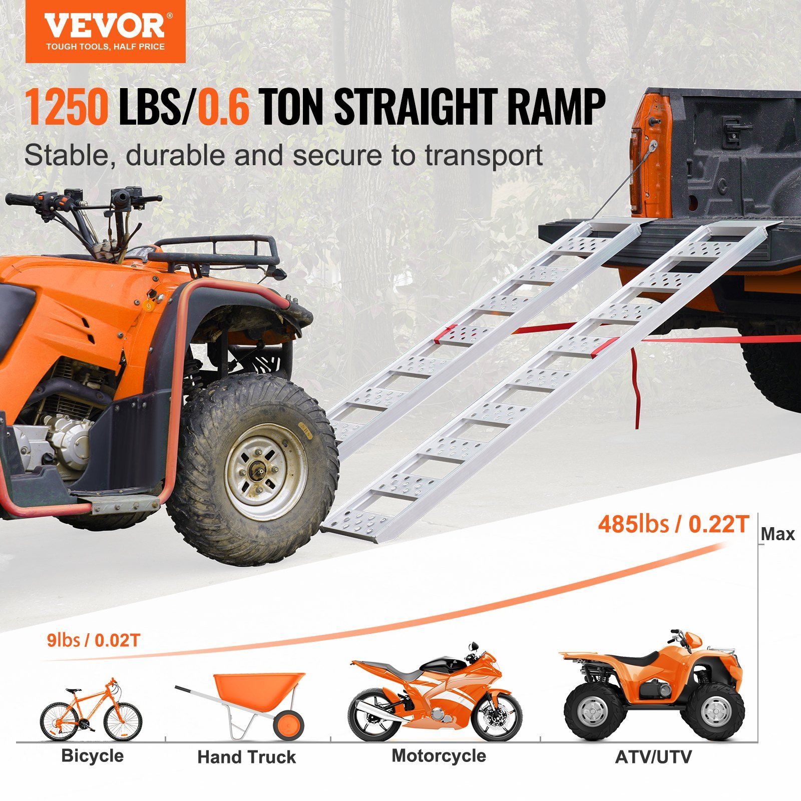 Aluminum Ramps, 1250lbs, Straight Ramp with Treads and Load Straps, Portable Loading Ramp for Motorcycles, ATVs, Trucks, Lawn Mower, Dirt Bike, Garden Tractor, 78