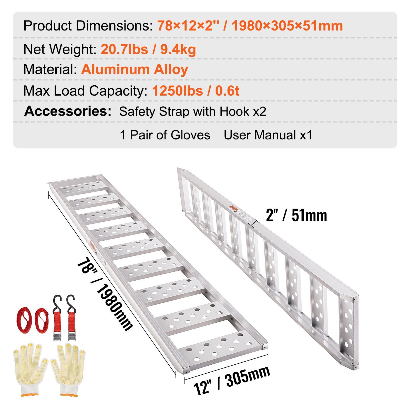 Aluminum Ramps, 1250lbs, Straight Ramp with Treads and Load Straps, Portable Loading Ramp for Motorcycles, ATVs, Trucks, Lawn Mower, Dirt Bike, Garden Tractor, 78