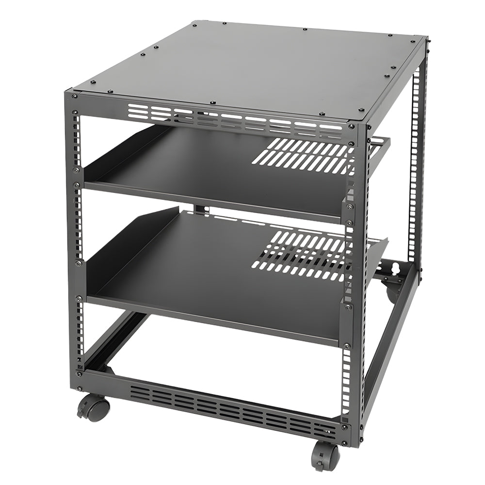 Alston 12U Open Frame Server Rack Hifi Device Rack with Vented Shelves Heavy Duty 4-Post AV/IT Network Rack Free Standing with Lockable Casters - Image 1