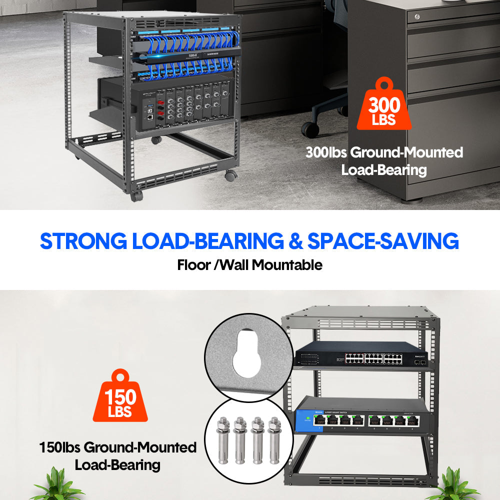 Alston 12U Open Frame Server Rack Hifi Device Rack with Vented Shelves Heavy Duty 4-Post AV/IT Network Rack Free Standing with Lockable Casters - Image 4