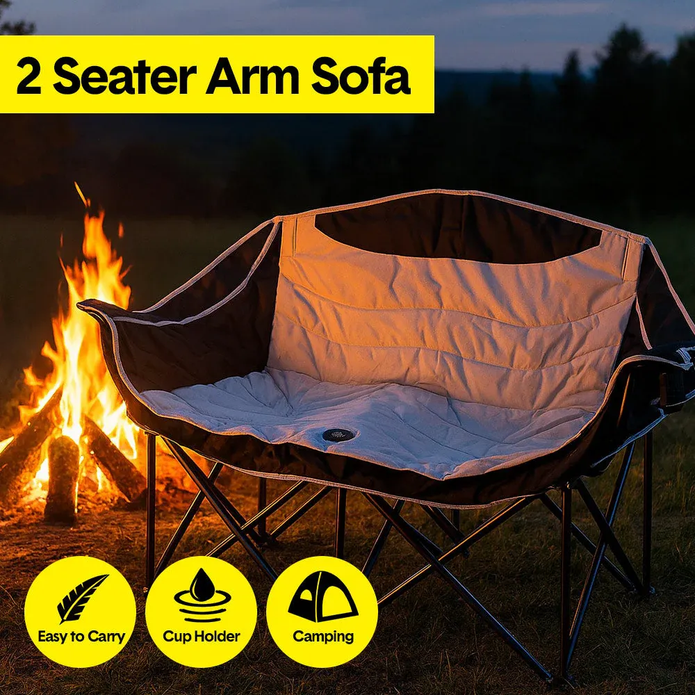 Double Camping Chairs Outdoor Lawn Camping Couch Heavy Duty Folding Chairs Strong Loading Capacity Metal Frame Oxford Fabric with Armrests and Cup Holders - Image 2