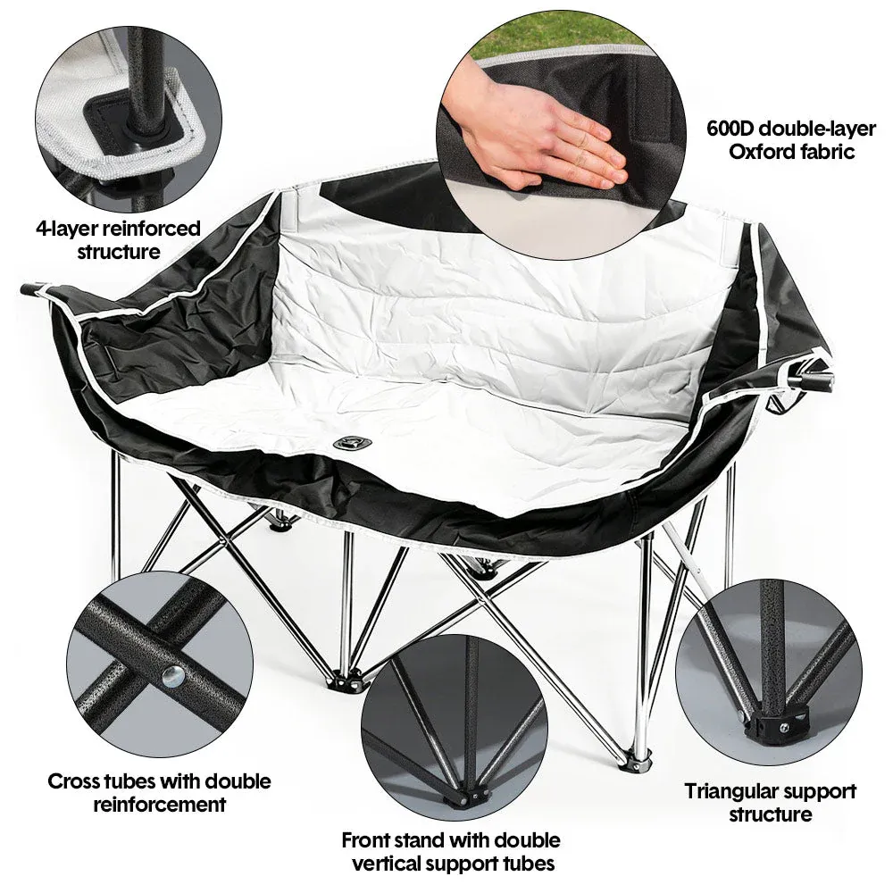 Double Camping Chairs Outdoor Lawn Camping Couch Heavy Duty Folding Chairs Strong Loading Capacity Metal Frame Oxford Fabric with Armrests and Cup Holders - Image 3