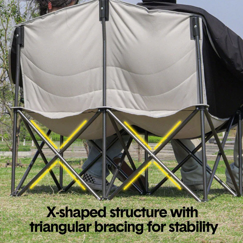 Double Camping Chairs Outdoor Lawn Camping Couch Heavy Duty Folding Chairs Strong Loading Capacity Metal Frame Oxford Fabric with Armrests and Cup Holders - Image 8