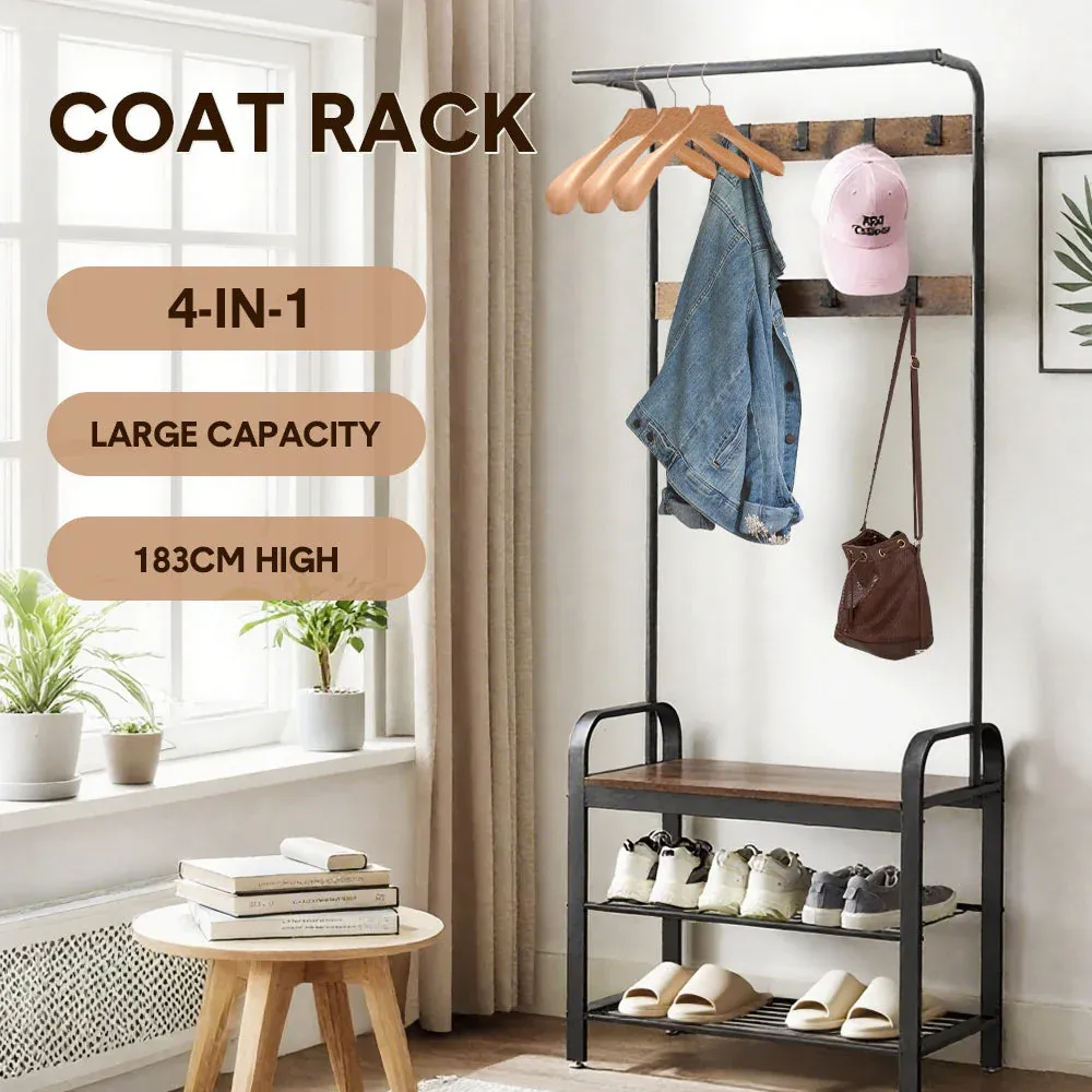 4-In-1 Coat Rack Large Capacity Freestanding Hall Tree 183 High Entryway Bench with 8 Detachable Hooks Hanging Rod and 2-Tier Shoe Storage Rustic Brown - Image 2
