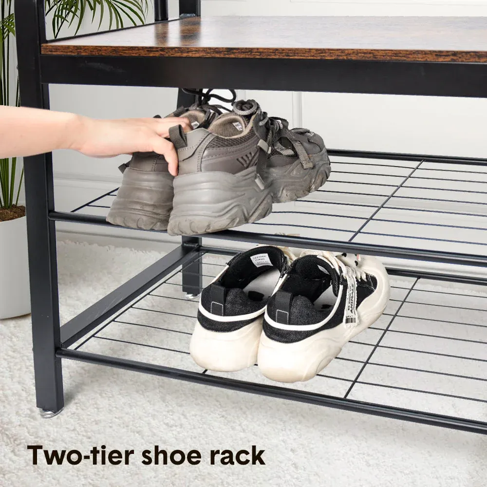 4-In-1 Coat Rack Large Capacity Freestanding Hall Tree 183 High Entryway Bench with 8 Detachable Hooks Hanging Rod and 2-Tier Shoe Storage Rustic Brown - Image 4