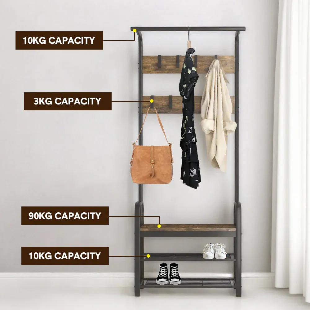 4-In-1 Coat Rack Large Capacity Freestanding Hall Tree 183 High Entryway Bench with 8 Detachable Hooks Hanging Rod and 2-Tier Shoe Storage Rustic Brown - Image 5