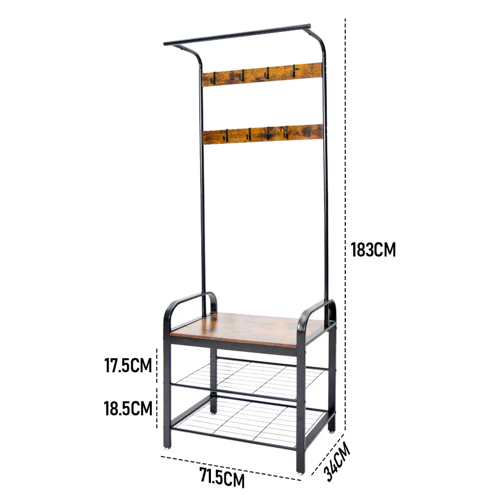 4-In-1 Coat Rack Large Capacity Freestanding Hall Tree 183 High Entryway Bench with 8 Detachable Hooks Hanging Rod and 2-Tier Shoe Storage Rustic Brown - Image 6
