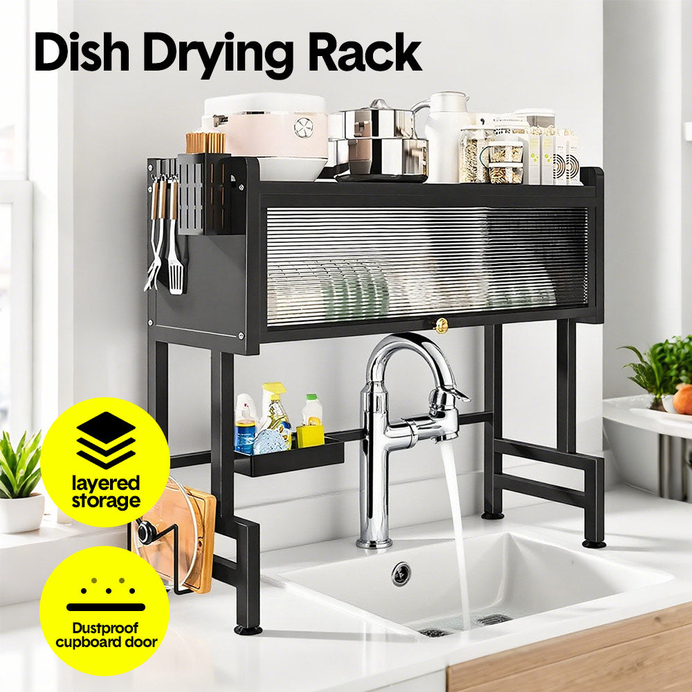 Over The Sink Dish Drying Rack Carbon Steel Dish Drainer Drying Rack 85cm Long Sink Caddy with Door and Multiple Utensils Holders Large Capacity - Image 2