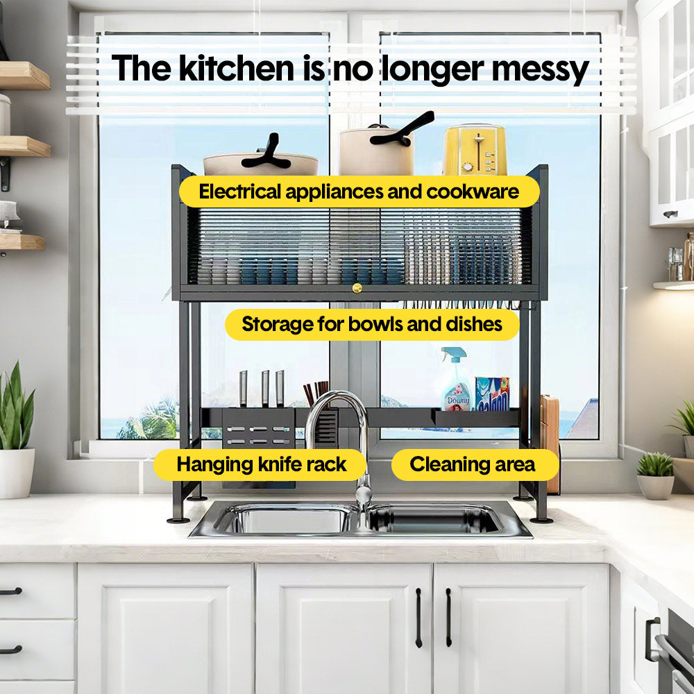 Over The Sink Dish Drying Rack Carbon Steel Dish Drainer Drying Rack 85cm Long Sink Caddy with Door and Multiple Utensils Holders Large Capacity - Image 4