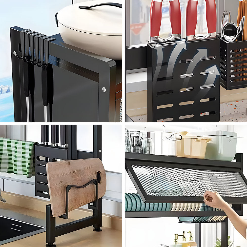Over The Sink Dish Drying Rack Carbon Steel Dish Drainer Drying Rack 85cm Long Sink Caddy with Door and Multiple Utensils Holders Large Capacity - Image 8