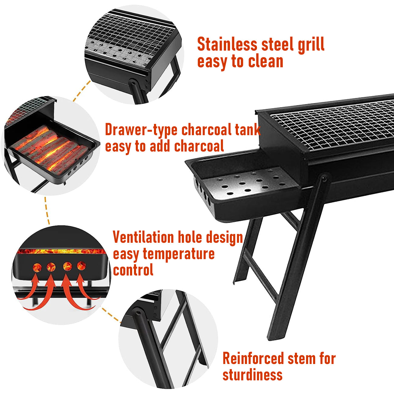 Charcoal BBQ Grill Folding Portable Camping Barbecue Grill Lightweight for Outdoor GrillingCamping Hiking Picnics Tailgating Backpack Party 60x22x37cm - Image 3