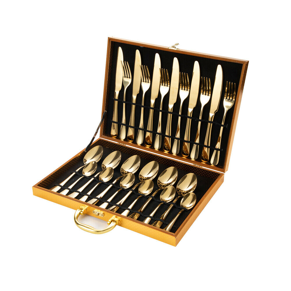 Gold Cutlery Set Kitchen Stainless Steel Fork Knife Spoon Flatware Cutlery Gift For Party Restaurant Dishwasher Safe 24pcs with Carry Box - Image 1