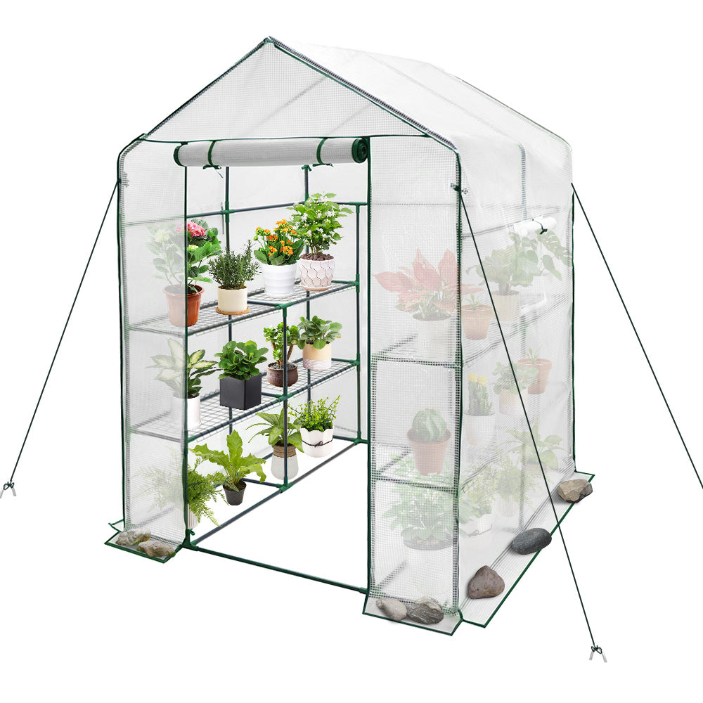 Greenhouse Walk-In Tunnel 3 Tier Planting Shelves 143x143x195cm Strong Stability with PE Cover Roll-up Zipper Door and Window for Outdoor Vegetable Plants - Image 1