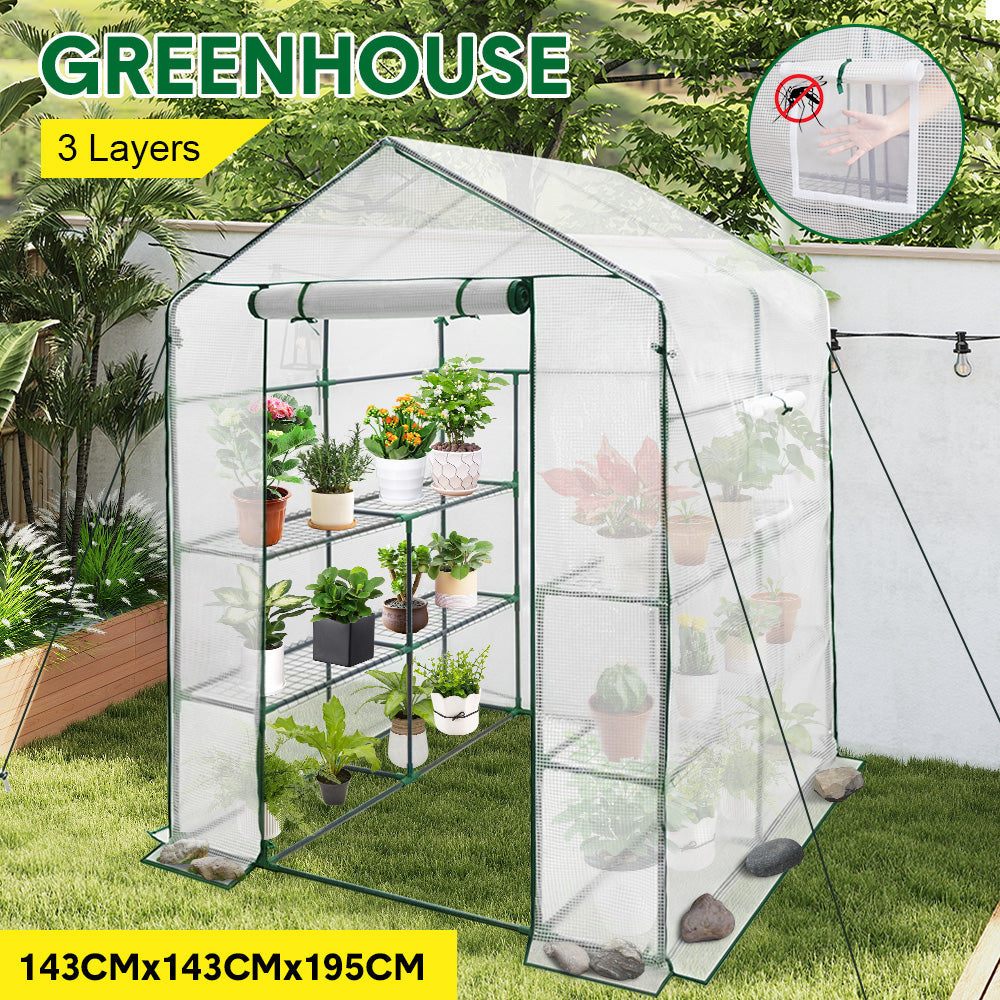 Greenhouse Walk-In Tunnel 3 Tier Planting Shelves 143x143x195cm Strong Stability with PE Cover Roll-up Zipper Door and Window for Outdoor Vegetable Plants - Image 3