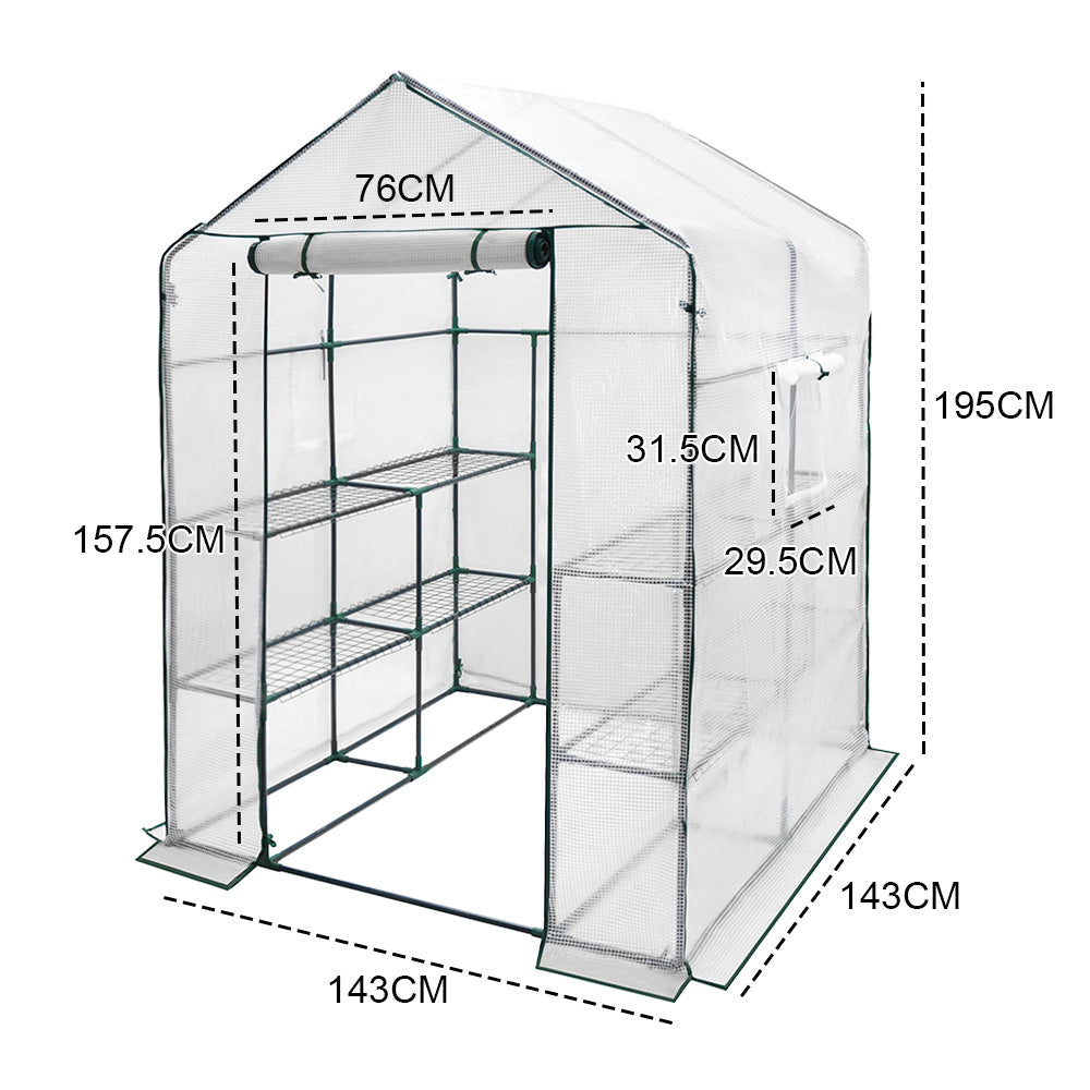 Greenhouse Walk-In Tunnel 3 Tier Planting Shelves 143x143x195cm Strong Stability with PE Cover Roll-up Zipper Door and Window for Outdoor Vegetable Plants - Image 8