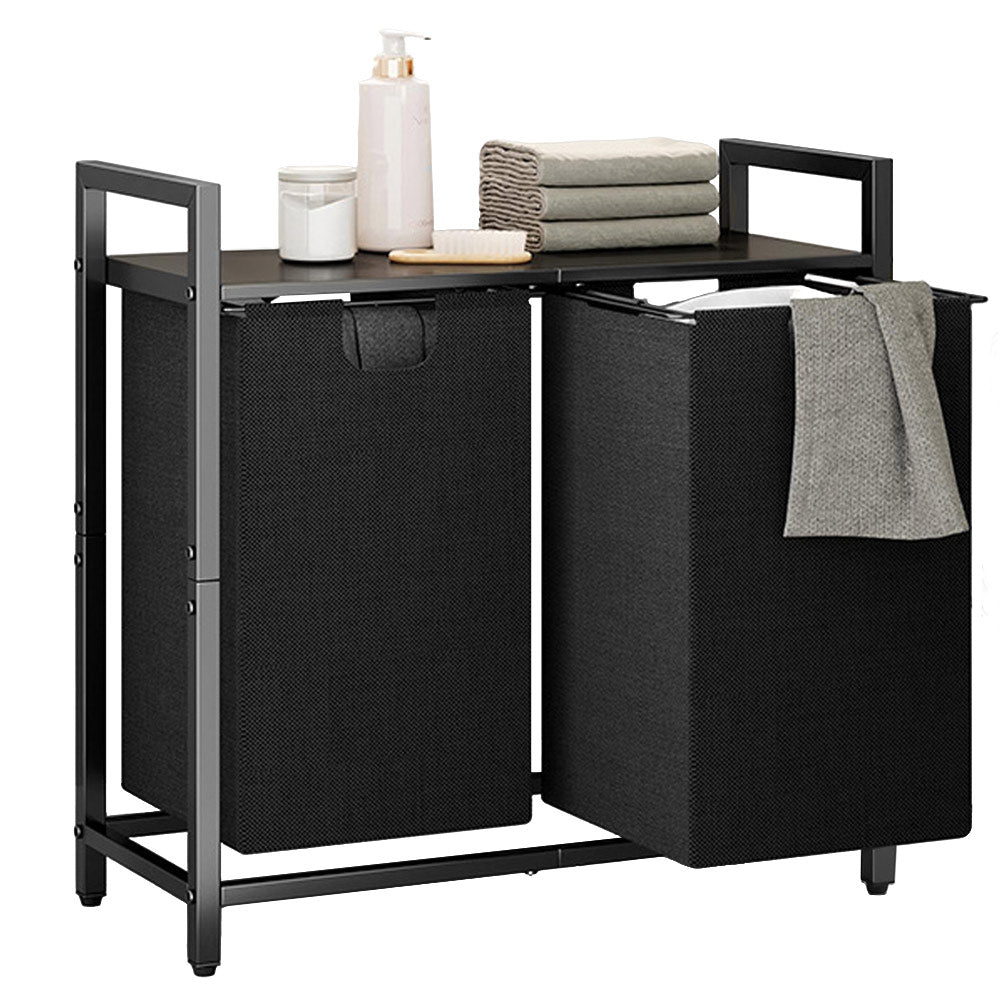 Laundry Hamper Basket Metal Laundry Organizer with MDF Shelf and 2 Waterproof Pull-Out Removable Dirty Clothes Bags for Laundry Room Bedroom Bathroom Dorm - Image 1