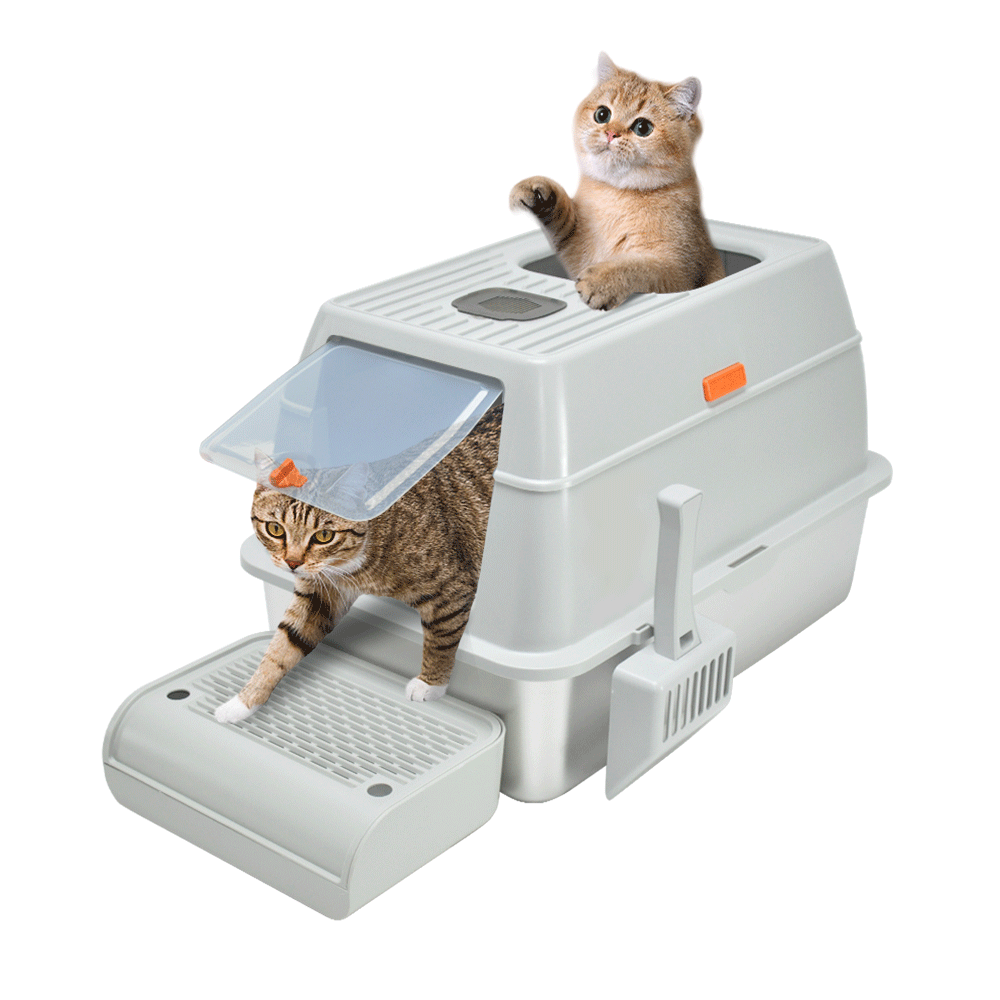 20L Large Anti-Leak Enclosed Cat Litter Box Stainless Steel Detachable Kitty Litter Tray with ABS Lid High Sides Scoop and Ramp Easy Cleaning Light Grey - Image 1