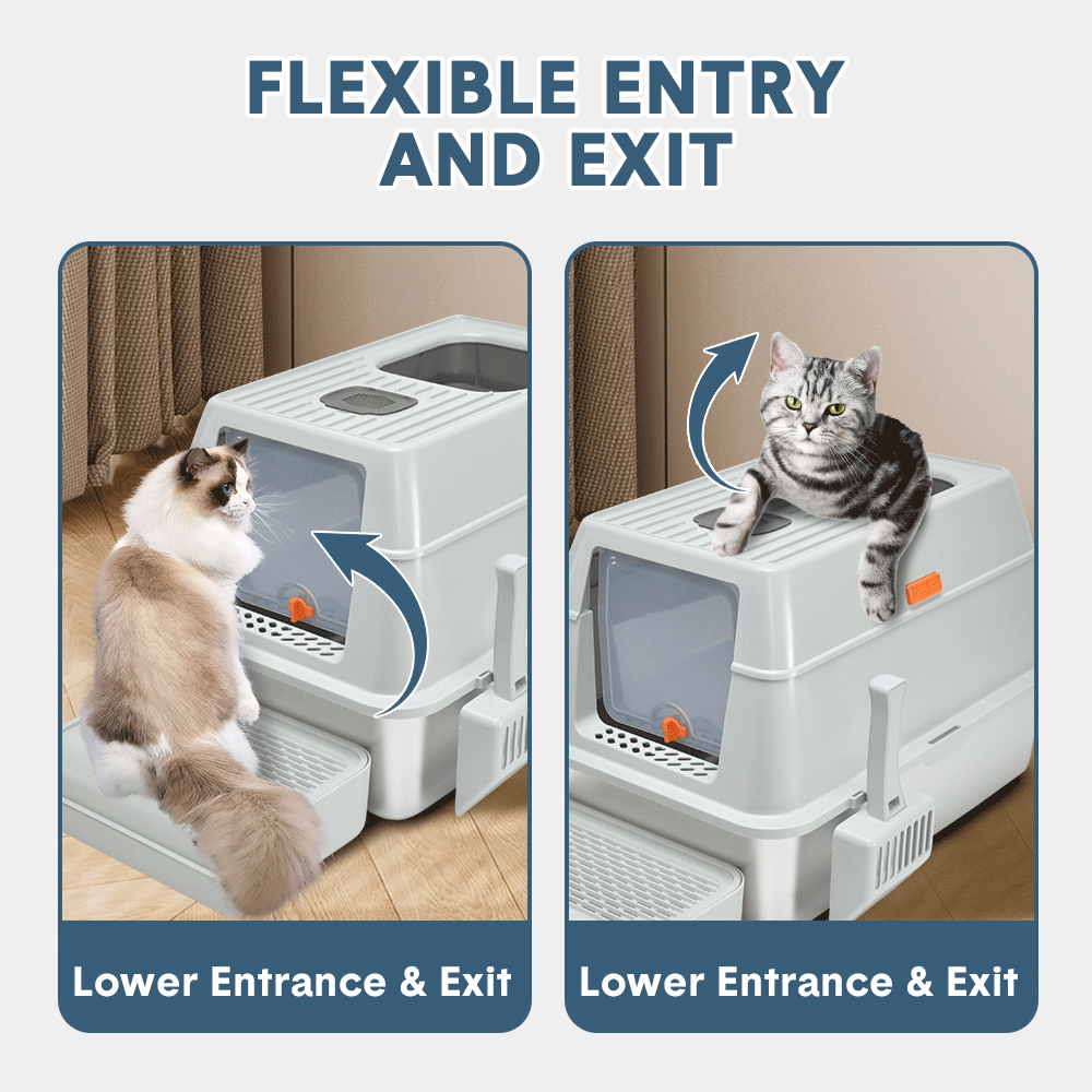 20L Large Anti-Leak Enclosed Cat Litter Box Stainless Steel Detachable Kitty Litter Tray with ABS Lid High Sides Scoop and Ramp Easy Cleaning Light Grey - Image 8