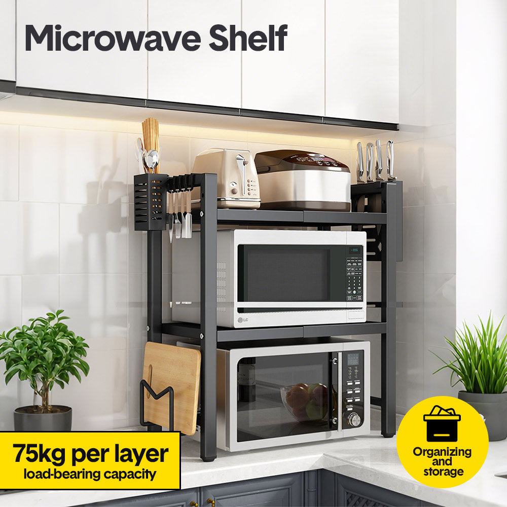 3-Tier Microwave Stand Oven Rack Height Adjustable and Extendable Stainless Steel Kitchen Storage Shelf With 6 Hook Over the Kitchen Counter Max Load 75Kgs - Image 2