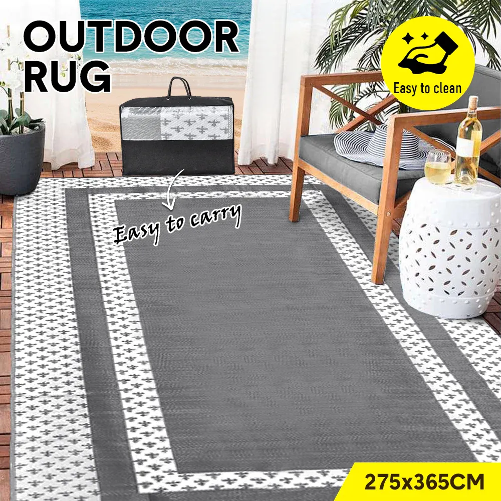 Large Outdoor Rug 275x365cm Weatherproof Plastic Weave Mat Washable Outside Solid Carpet Easy Care for Patio Deck Backyard Garden RV Camping Silver Grey - Image 2