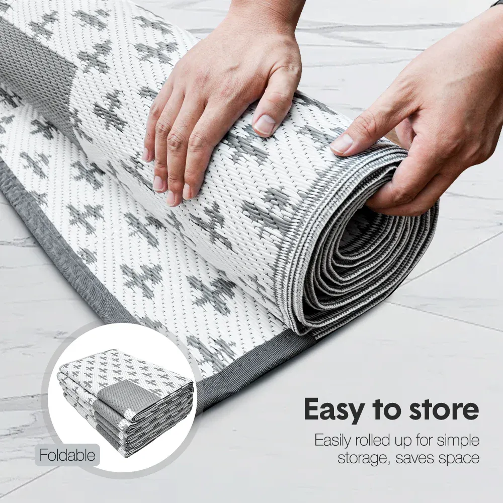 Large Outdoor Rug 275x365cm Weatherproof Plastic Weave Mat Washable Outside Solid Carpet Easy Care for Patio Deck Backyard Garden RV Camping Silver Grey - Image 3
