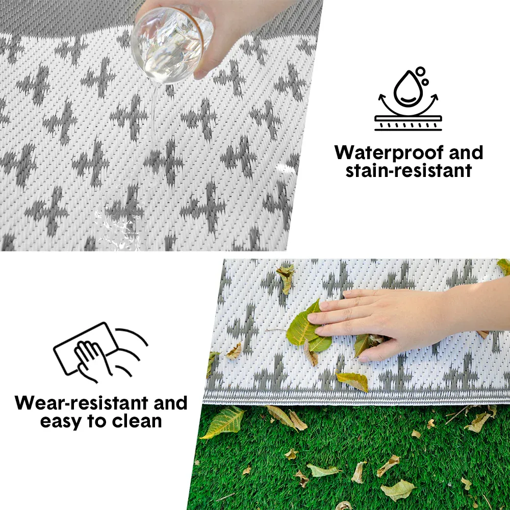 Large Outdoor Rug 275x365cm Weatherproof Plastic Weave Mat Washable Outside Solid Carpet Easy Care for Patio Deck Backyard Garden RV Camping Silver Grey - Image 5
