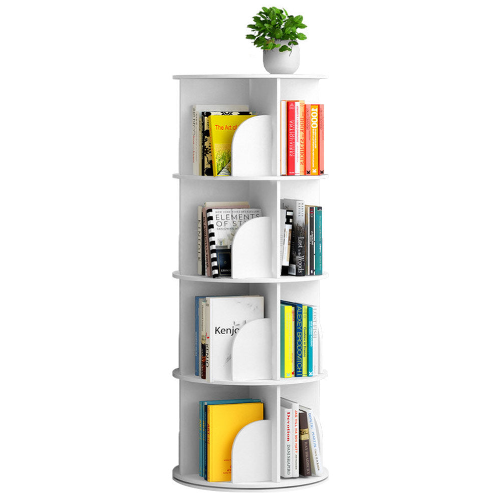 4 Tier Rotating Bookshelf PVC Freestanding Corner Rack Bookcase Multifunctional Spinning 360 Storage Shelf Organizer for Home Office Space-Saving White - Image 1