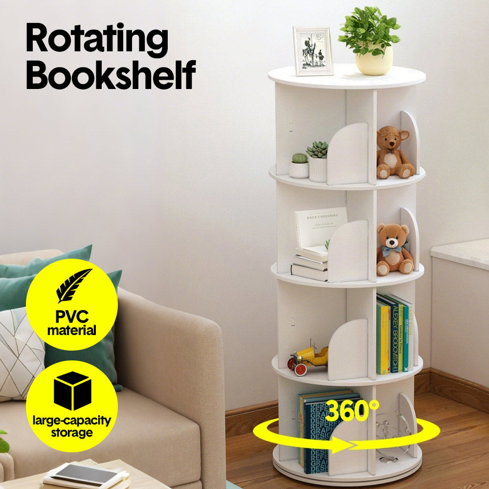 4 Tier Rotating Bookshelf PVC Freestanding Corner Rack Bookcase Multifunctional Spinning 360 Storage Shelf Organizer for Home Office Space-Saving White - Image 2