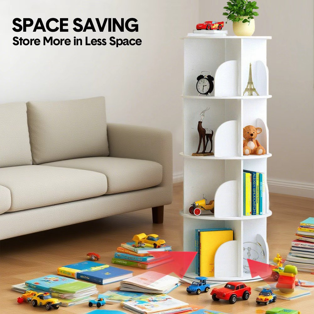 4 Tier Rotating Bookshelf PVC Freestanding Corner Rack Bookcase Multifunctional Spinning 360 Storage Shelf Organizer for Home Office Space-Saving White - Image 3