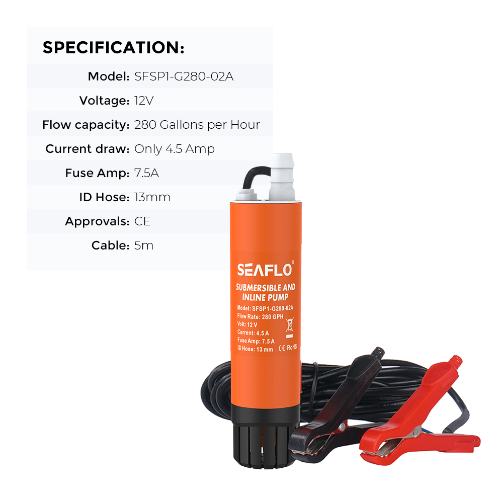 SEAFLO Submersible Inline Pump 12V 280GPH Transfer Pump Water Resistant High Pressure Washing Water Diesel Pump For RV Marine Boat Caravan - Image 5