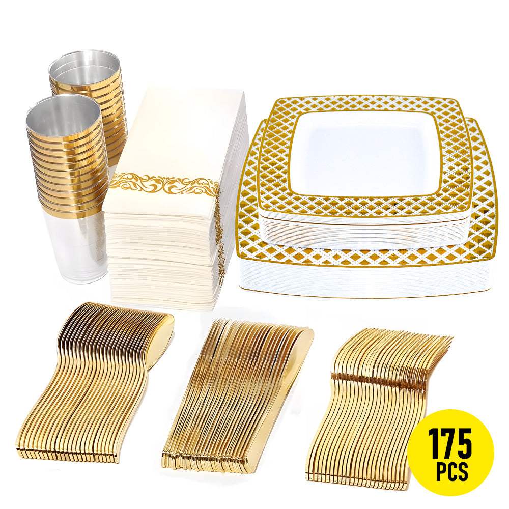 175pcs Food-Grade Wedding Event Banquet Disposable Tableware Dinnerware Gold-Edged Plastic Cutlery Pack of 25 Dining Sets Square Plates Cutlery Napkins - Image 1