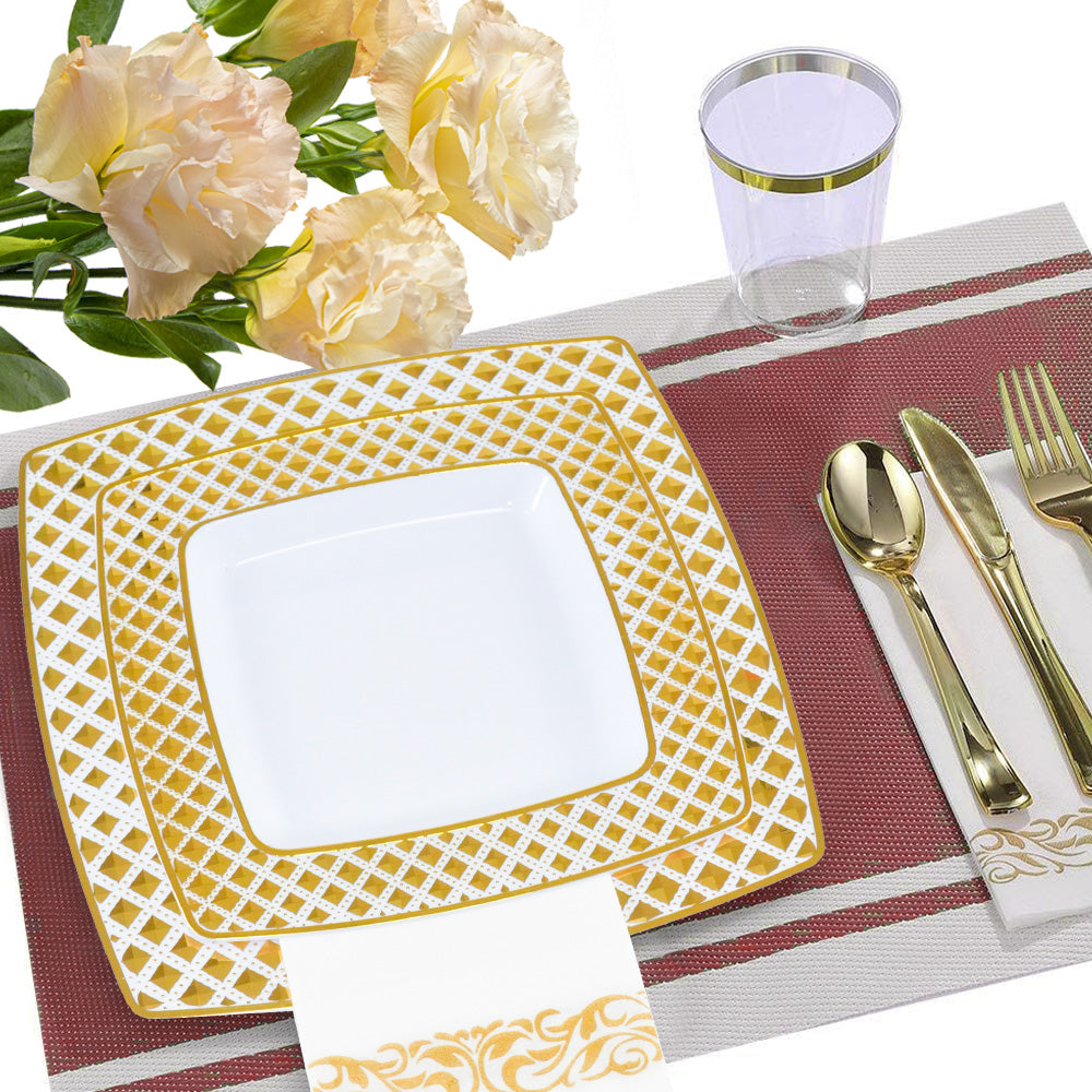 175pcs Food-Grade Wedding Event Banquet Disposable Tableware Dinnerware Gold-Edged Plastic Cutlery Pack of 25 Dining Sets Square Plates Cutlery Napkins - Image 5