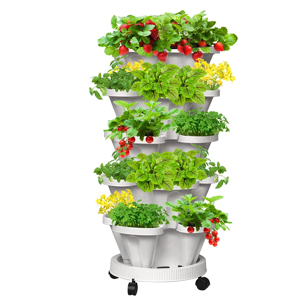 5 Tier Stackable Planter Pots Vertical Garden Stacking Space Saving High Yield Ideal for Herbs Flower Plants Veggies With Wheel White 37cm Width - Image 1