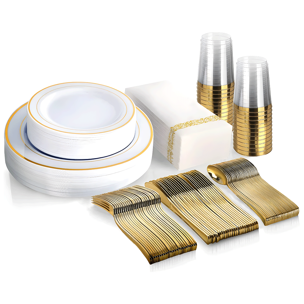 175pcs Food-Grade Wedding Event Banquet Disposable Tableware Dinnerware Gold-Edged Plastic Cutlery Pack of 25 Dining Sets Plates Cutlery Napkins - Image 1