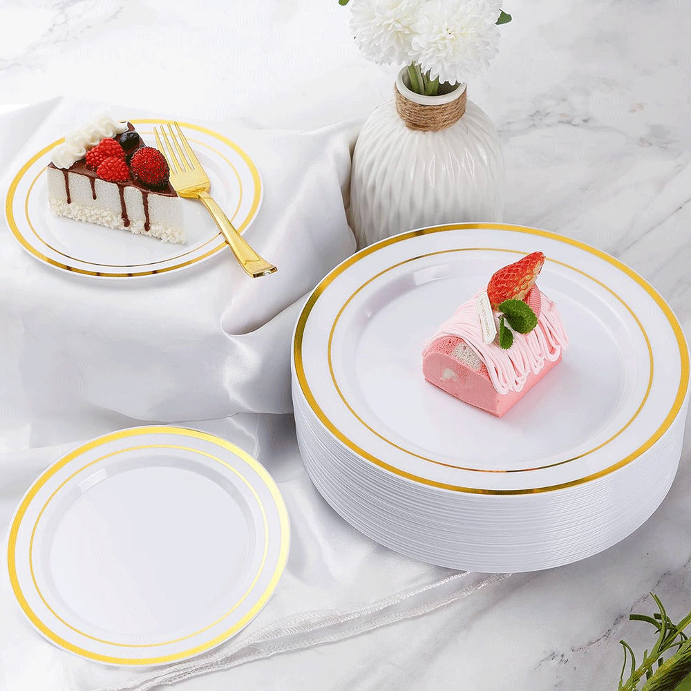 175pcs Food-Grade Wedding Event Banquet Disposable Tableware Dinnerware Gold-Edged Plastic Cutlery Pack of 25 Dining Sets Plates Cutlery Napkins - Image 3