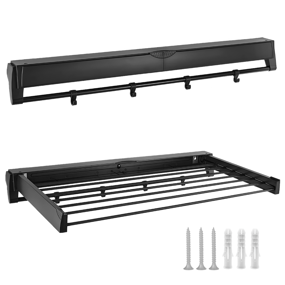 Alston Wall Mounted Drying Rack Black Clothes Airer Space Saver Folding Dryer Bearing Capacity 12KG Foldable Rail With Hooks Indoor Outdoor Balcony Laundry - Image 1