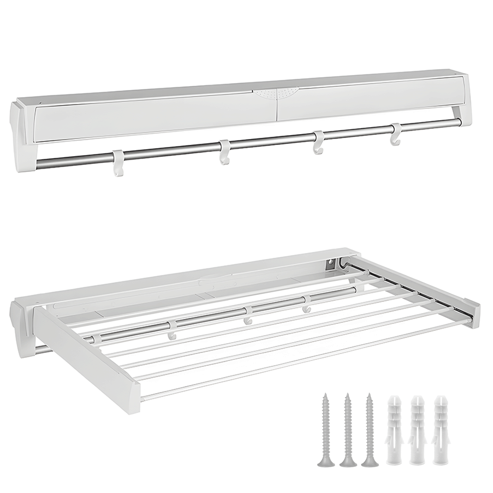 Alston Wall Mounted Drying Rack Clothes Airer Space Saver Folding Dryer Bearing Capacity 12KG Foldable Rail With Hooks Indoor Outdoor Balcony Laundry White - Image 1