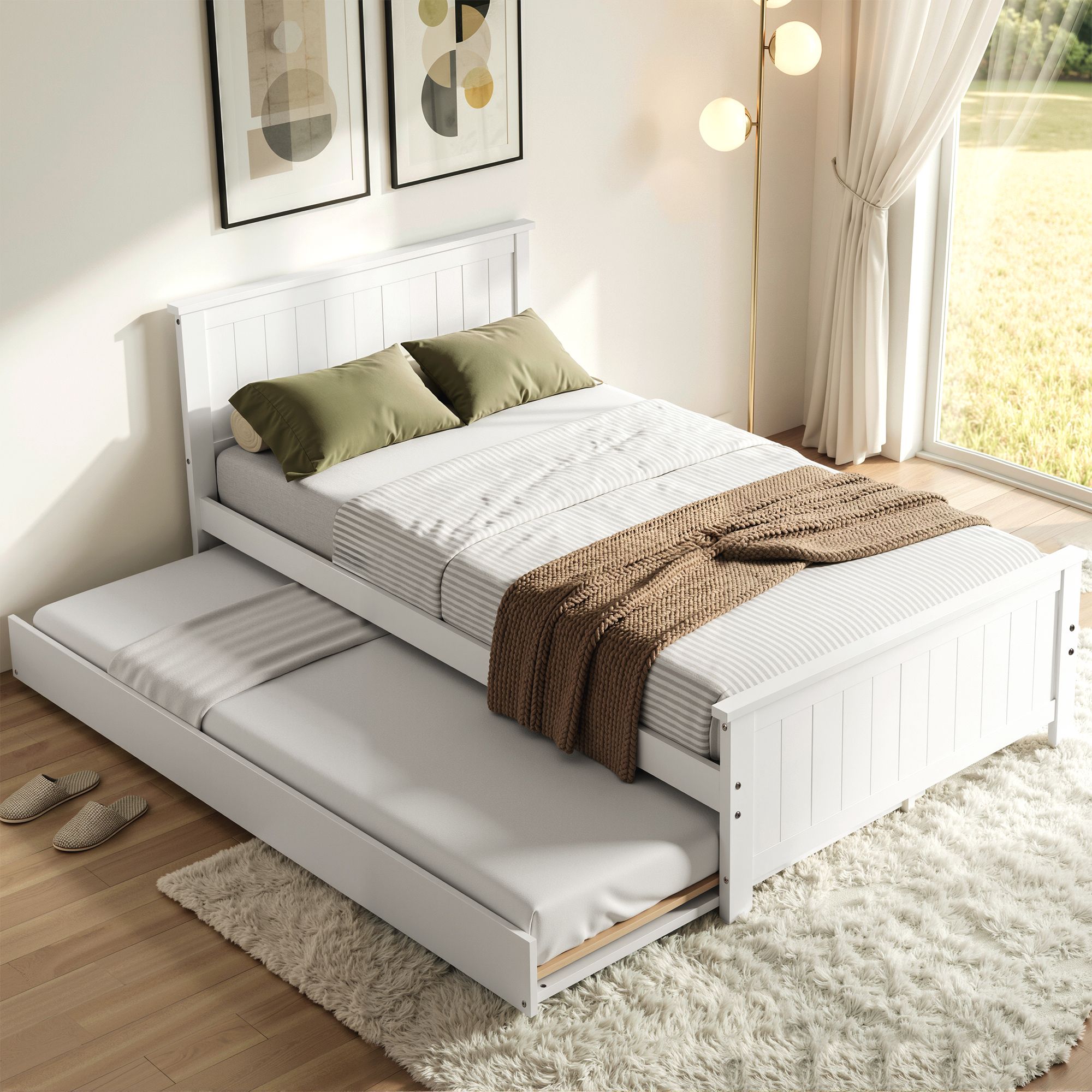 Artiss Single Bed Frame with Trundle Solid Wood Toddler Bunk Bed with Headboard White - Image 1