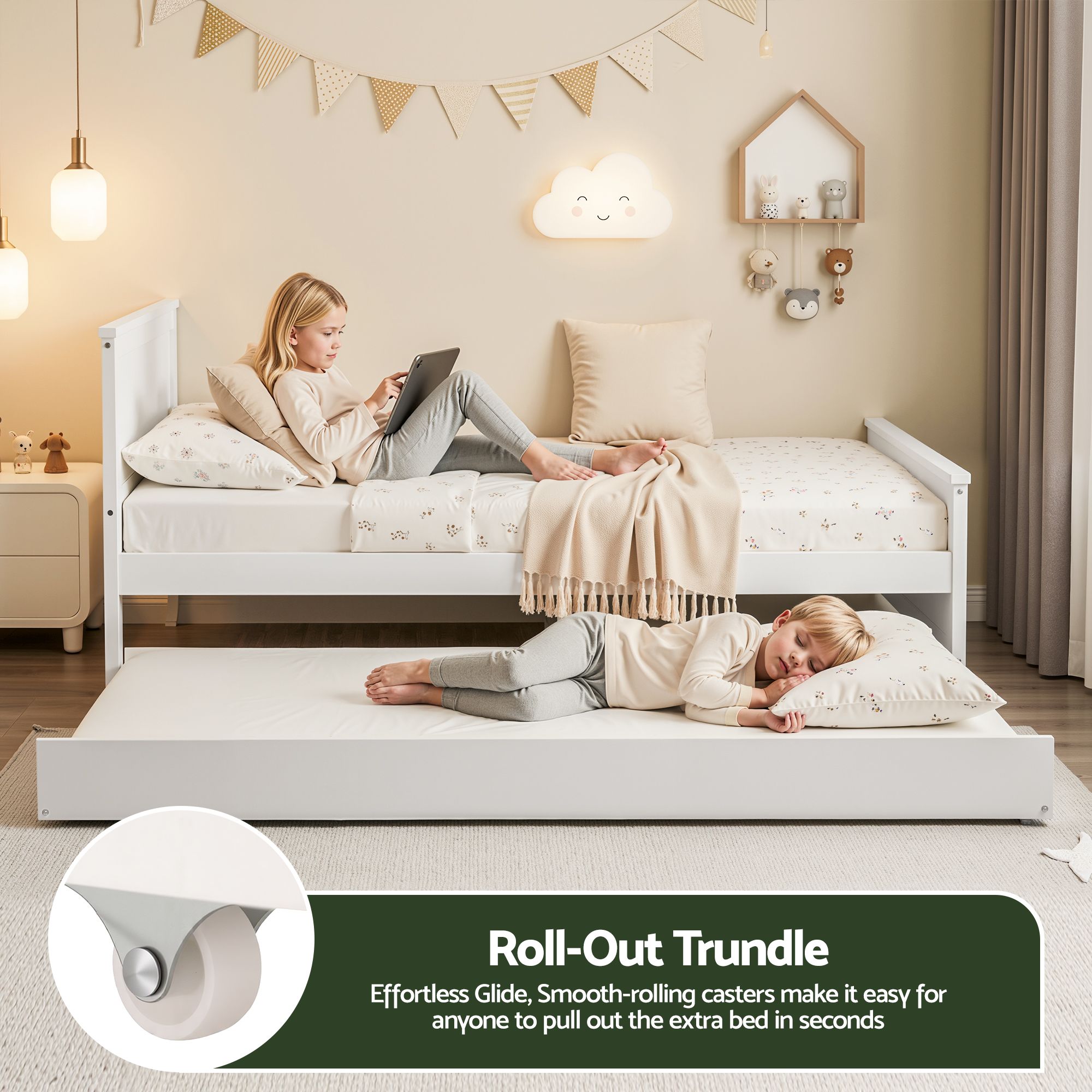 Artiss Single Bed Frame with Trundle Solid Wood Toddler Bunk Bed with Headboard White - Image 4