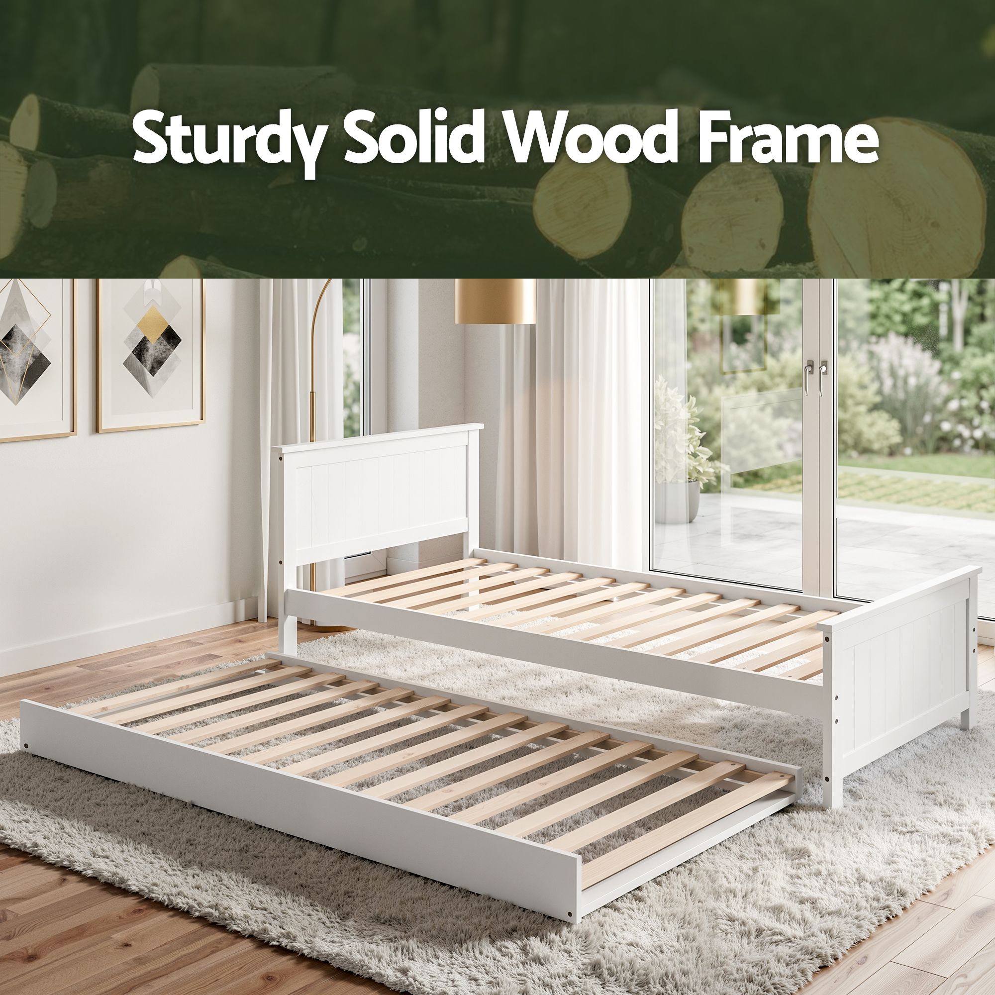 Artiss Single Bed Frame with Trundle Solid Wood Toddler Bunk Bed with Headboard White - Image 5