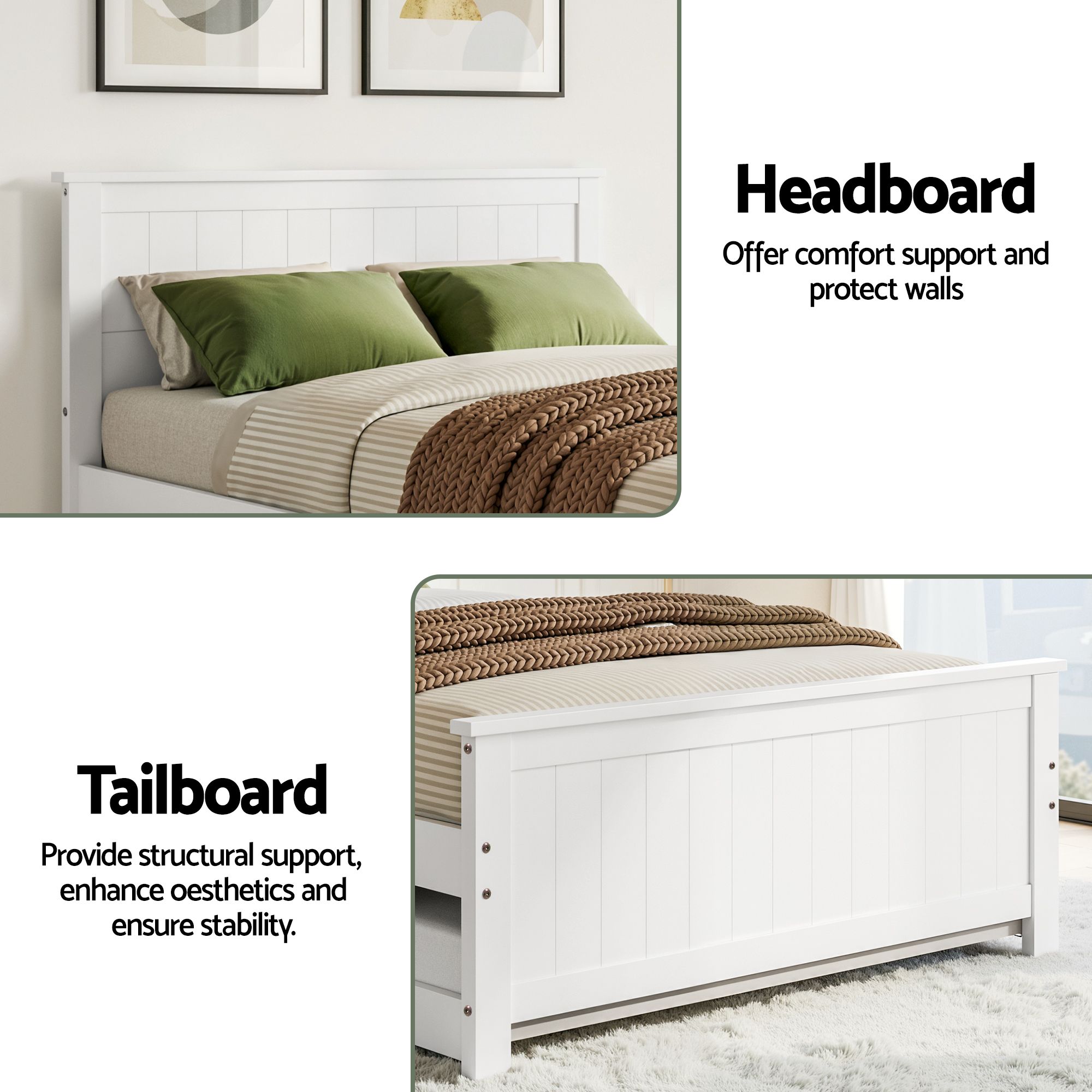 Artiss Single Bed Frame with Trundle Solid Wood Toddler Bunk Bed with Headboard White - Image 6