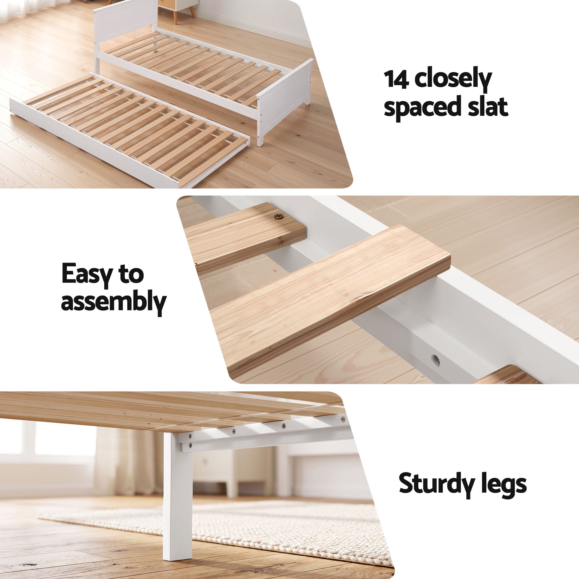 Artiss Single Bed Frame with Trundle Solid Wood Toddler Bunk Bed with Headboard White - Image 7