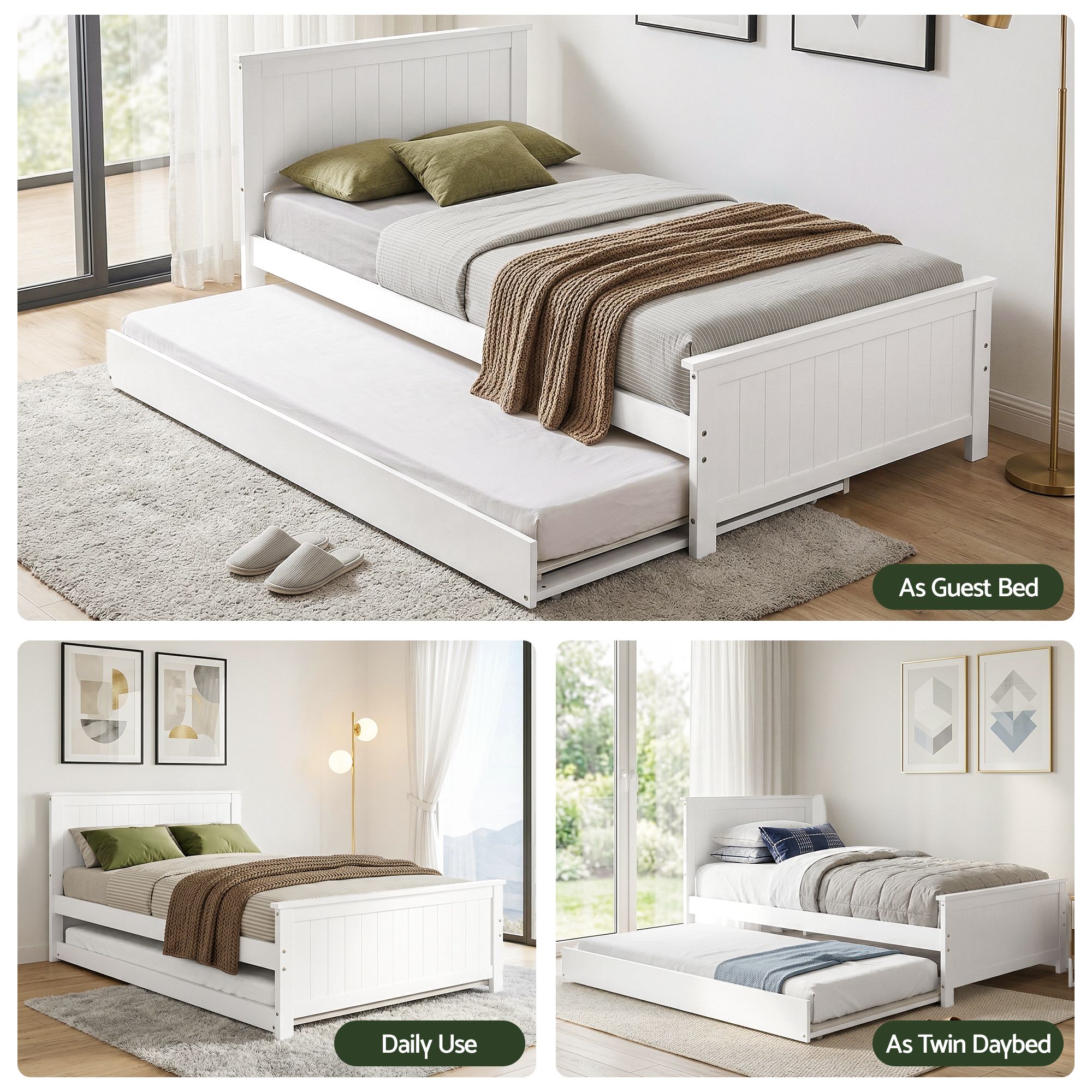 Artiss Single Bed Frame with Trundle Solid Wood Toddler Bunk Bed with Headboard White - Image 8