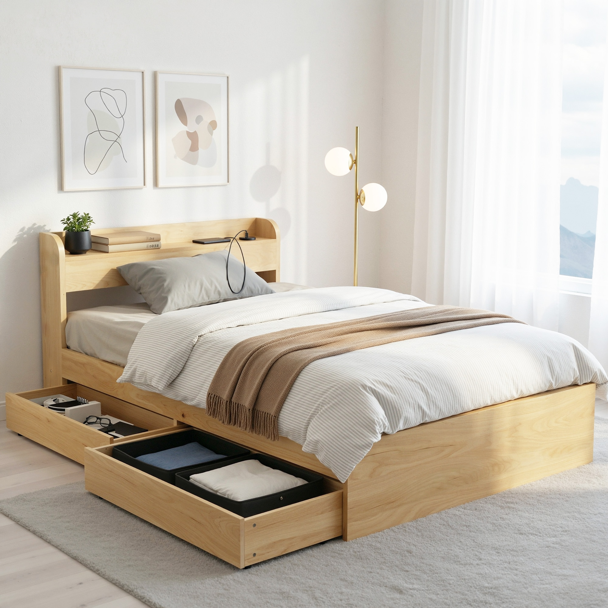 Artiss King Single Bed Frame with 2 Drawers Platform Bed with Headboard Bed Base with USB Ports Natural - Image 1