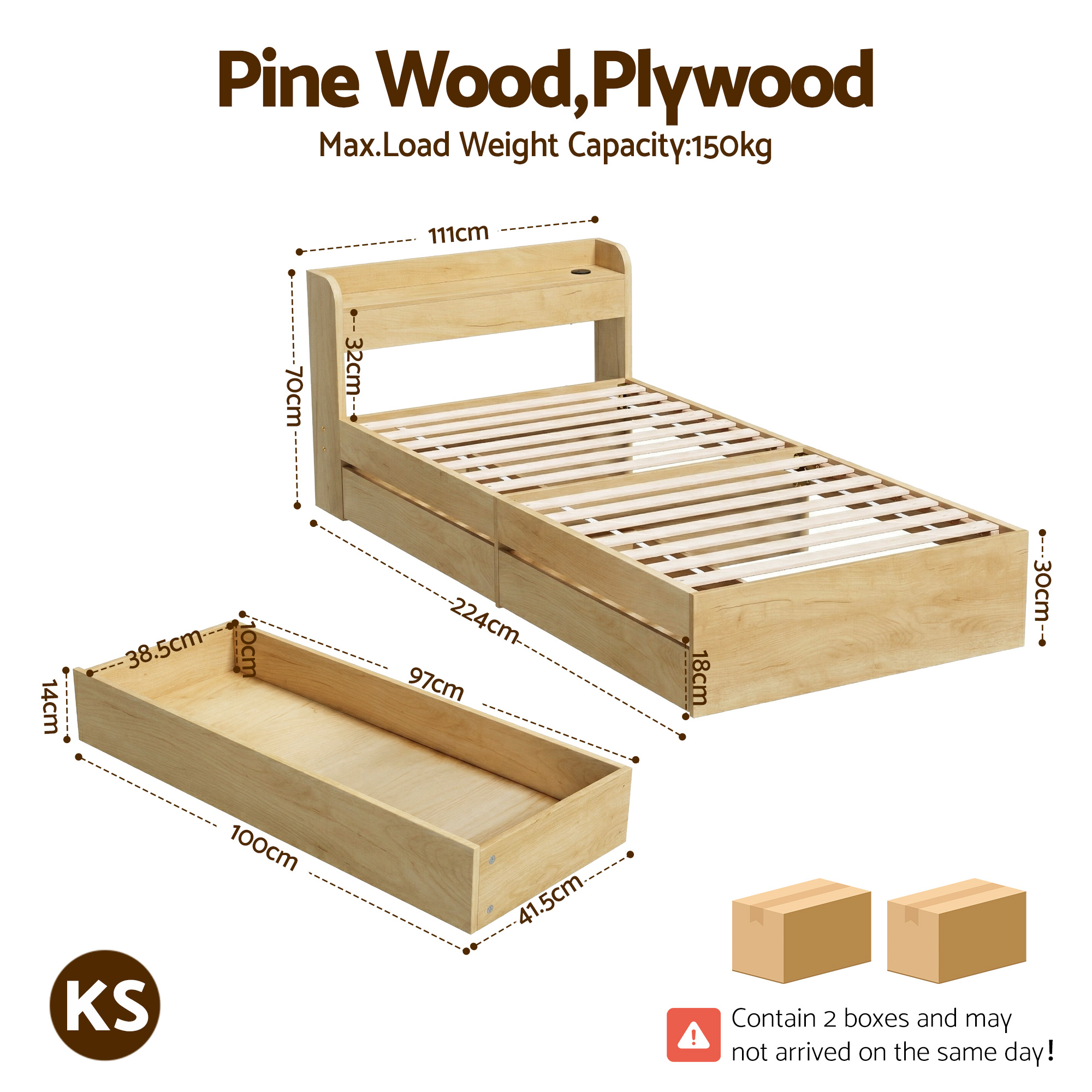 Artiss King Single Bed Frame with 2 Drawers Platform Bed with Headboard Bed Base with USB Ports Natural - Image 2