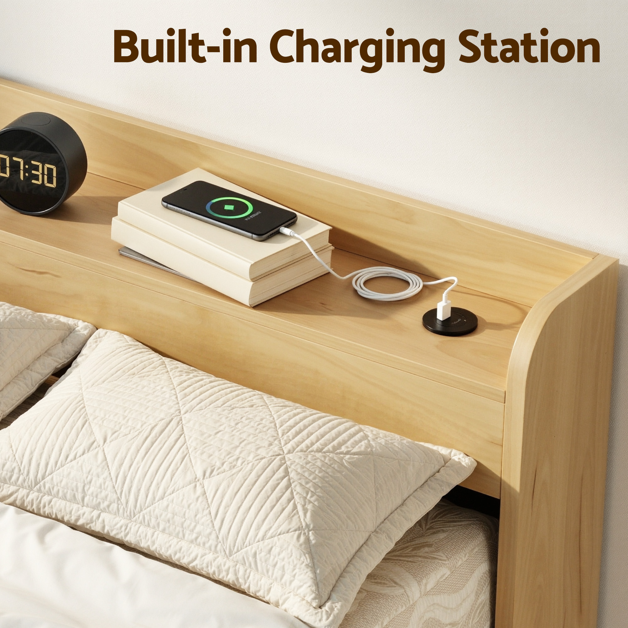 Artiss King Single Bed Frame with 2 Drawers Platform Bed with Headboard Bed Base with USB Ports Natural - Image 4